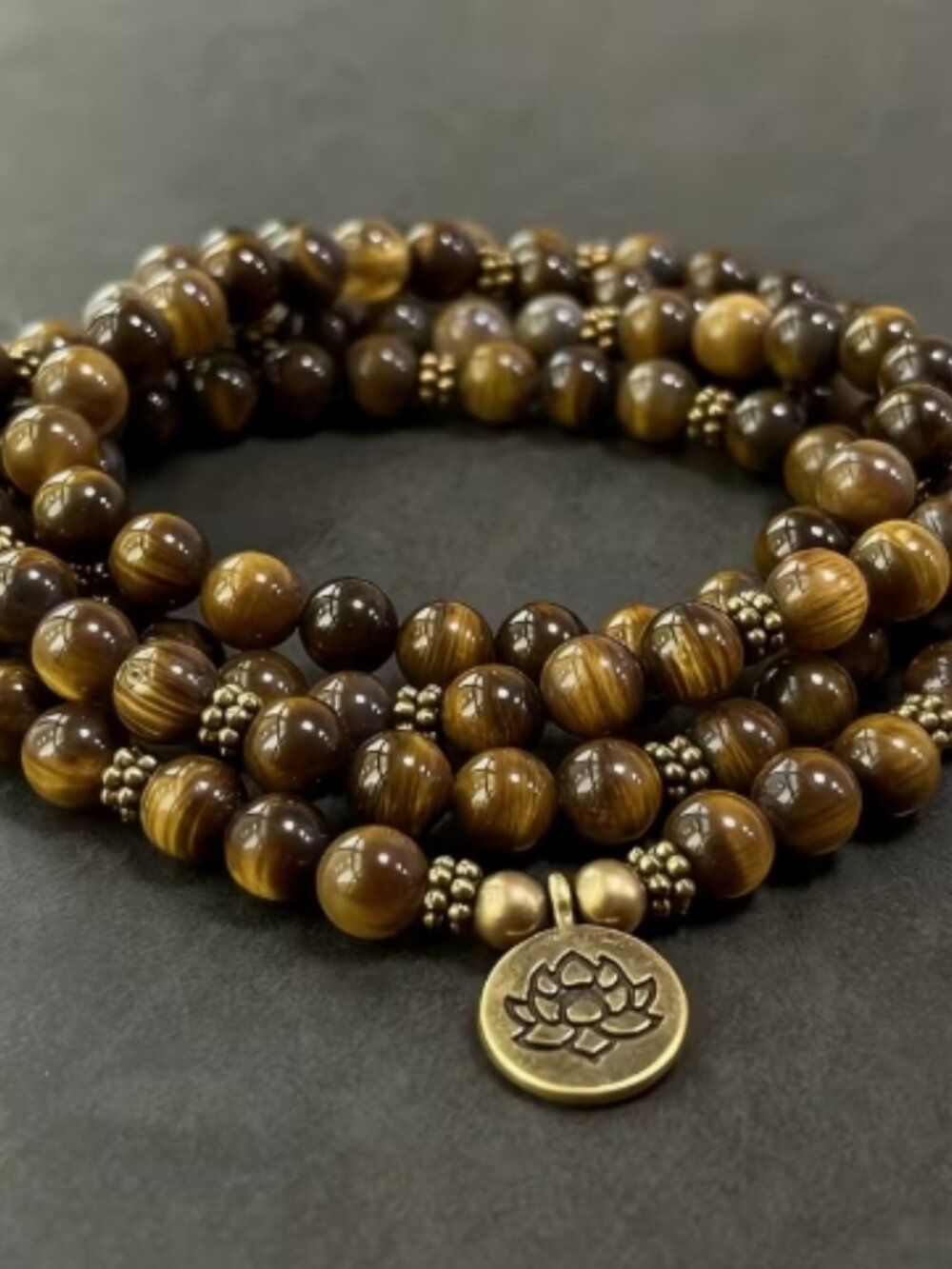 Beautiful Semi-precious Tiger's Eye & Brass Bead Stretch Mala Necklace/Bracelet